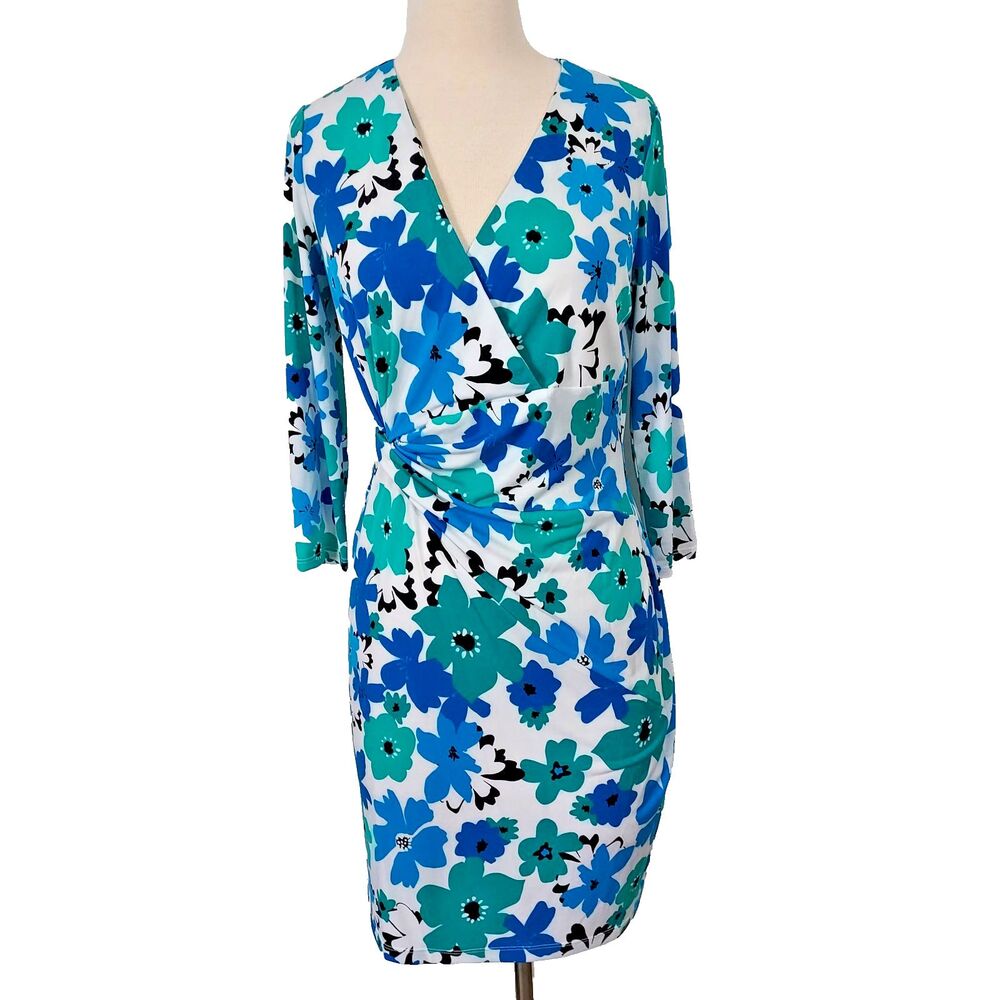 Chaps Womens Sheath Dress Size 10 Blue White Green Floral Twist Front V-Neck